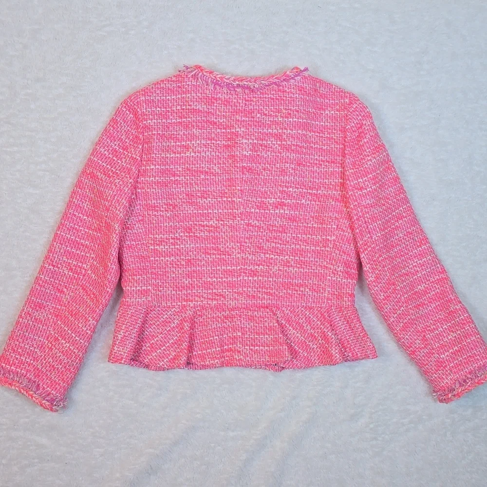 J.Crew Hot Pink Barbiecore Cotton Jacket Tweed Peplum Fringe Blazer Sz. 10